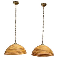 Paire de lustres ronds du milieu du siècle dernier en bambou et design italien Vivai del Sud, années 1950