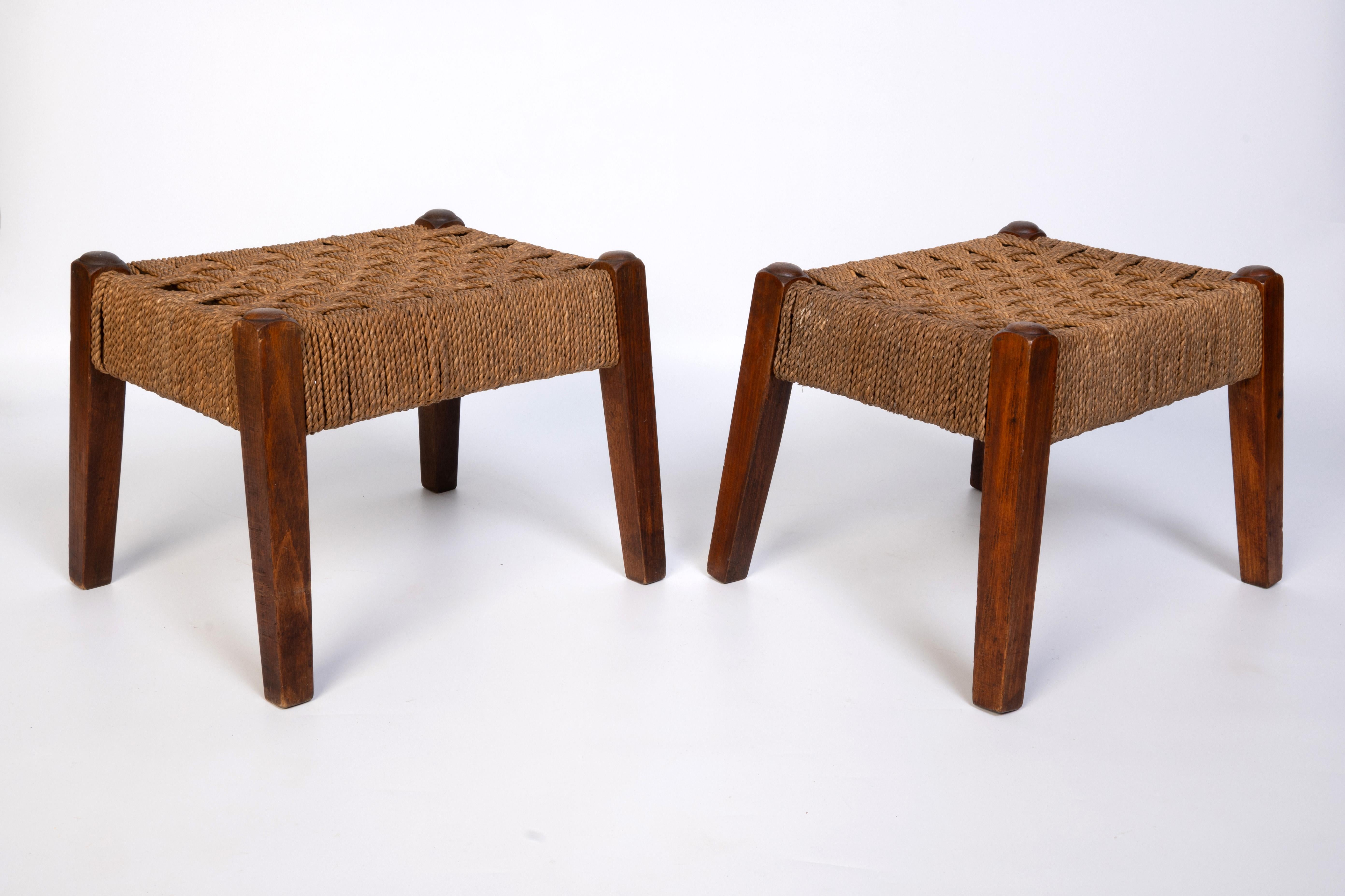 Mid-Century Modern Paire de tabourets en corde de jonc et hêtre du milieu du siècle, Danemark C.1950 en vente