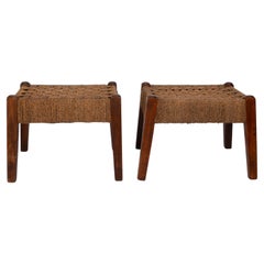 Pair Mid Century Rush Cord And Beech Stools Denmark C.1950