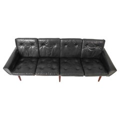 Mid Century Scandinavian Danish Modern Black Leather Long 4 seat sofa