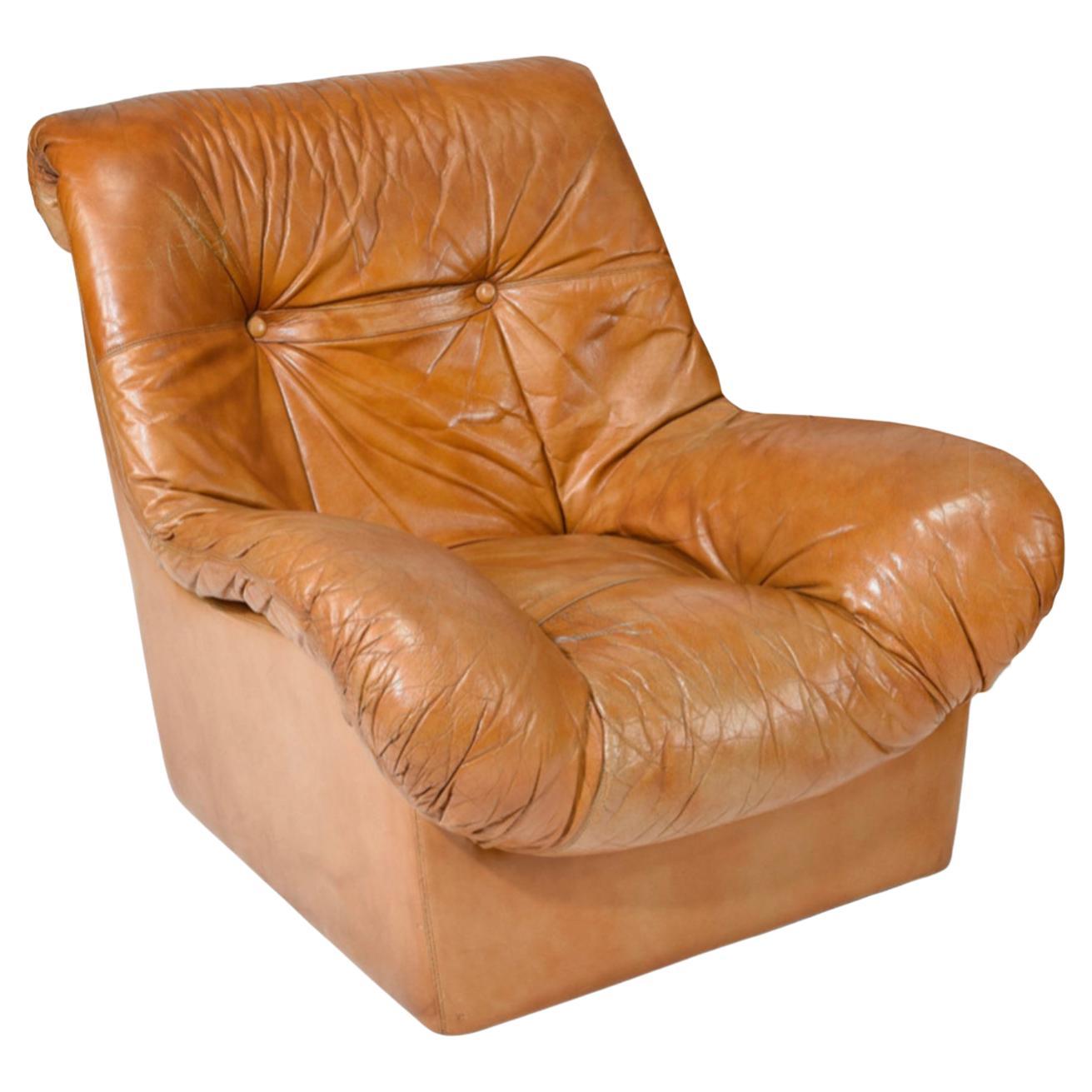 Mid-Century Modern Pair Mid Century Scandinavian Danish modern Tan Leather Puffy Lounge Chairs For Sale
