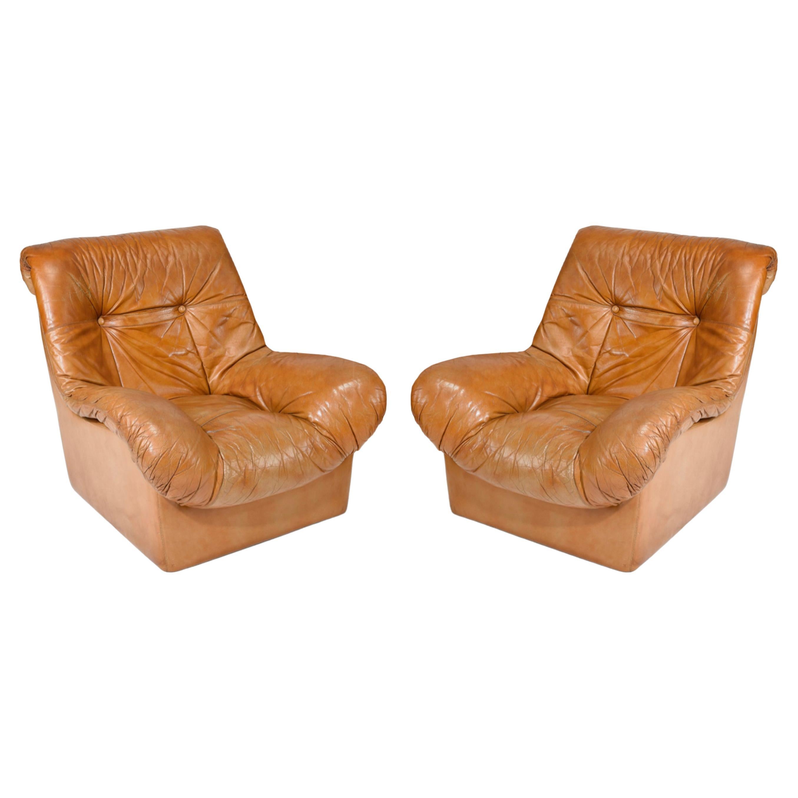 Woodwork Pair Mid Century Scandinavian Danish modern Tan Leather Puffy Lounge Chairs For Sale