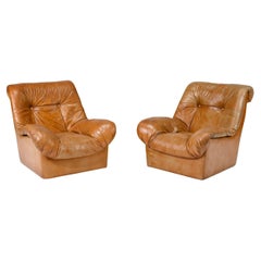 Vintage Pair Mid Century Scandinavian Danish modern Tan Leather Puffy Lounge Chairs