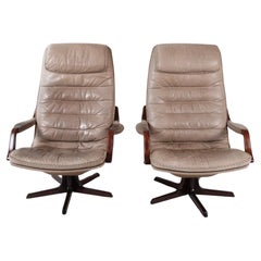 Vintage Pair Mid Century Scandinavian modern Tan High back Leather Swivel Lounge chairs