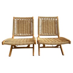 Used Pair Mid Century Scandinavian Modern woven Papercord folding lounge chairs