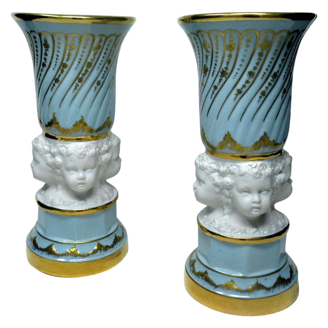 Pair of Midcentury Sèvres Style French Gilt Porcelain Bisque Parian Vases Urns For Sale