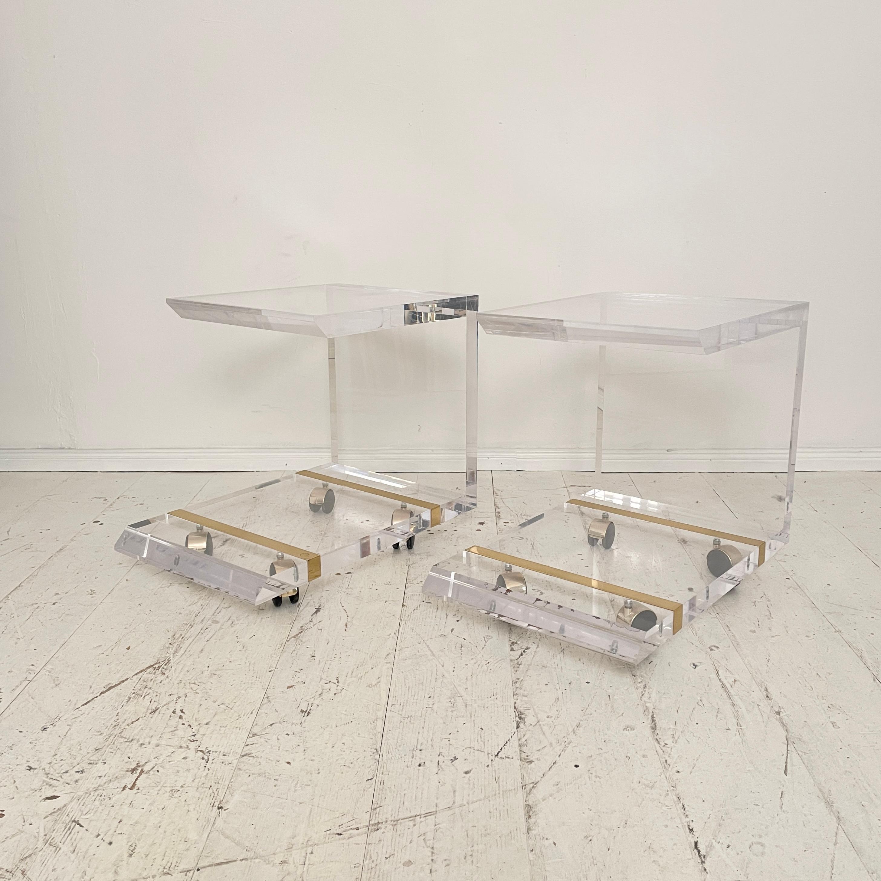 Mid-Century Modern Pair Midcentury Side Tables in Acrylic and Brass by Charles Hollis Jones, 1970
