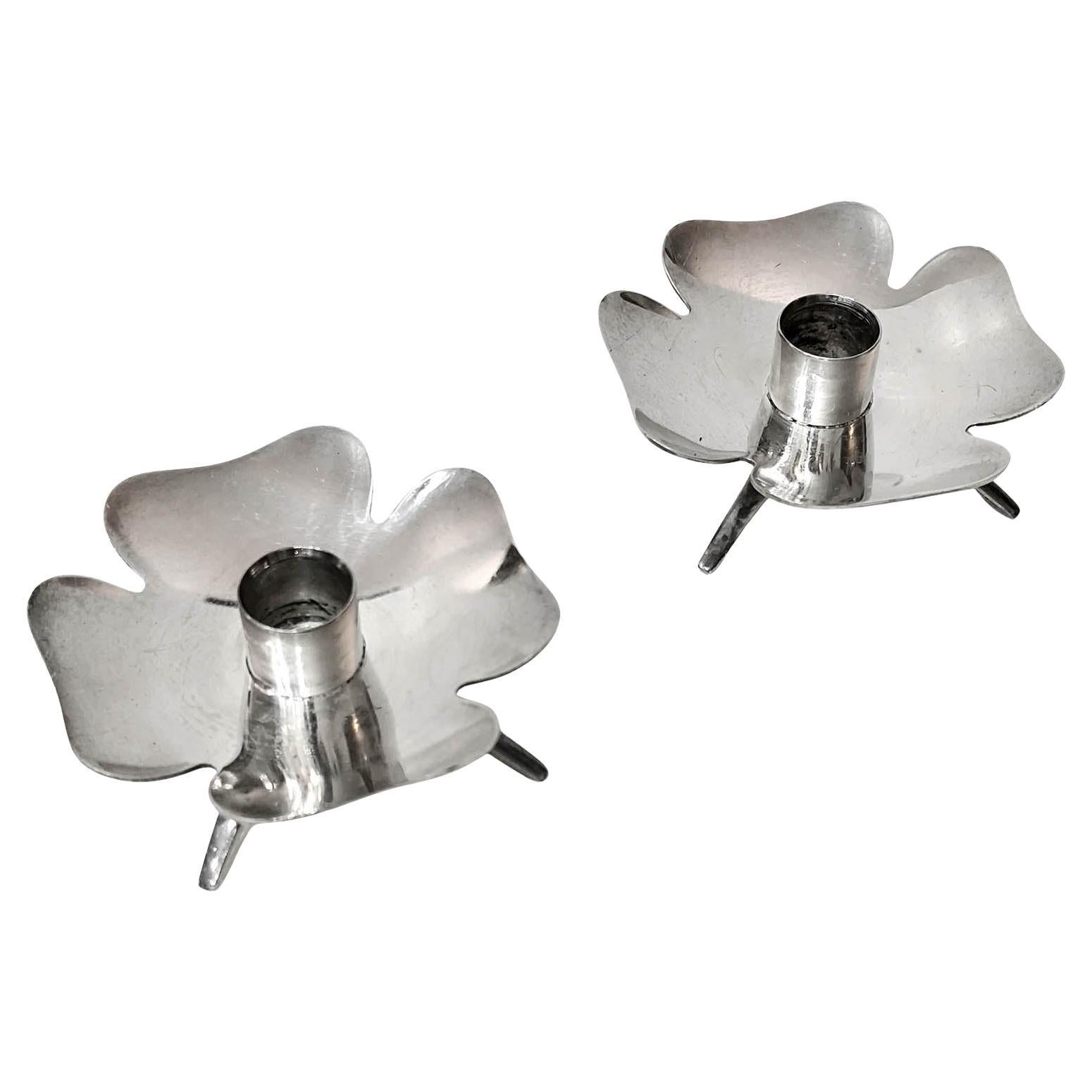 Pair Mid-Century Silver Plate Clover Flower Candle Holders