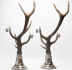 Pair Mid Century Simulated Horn & Silver Plate Candelabras