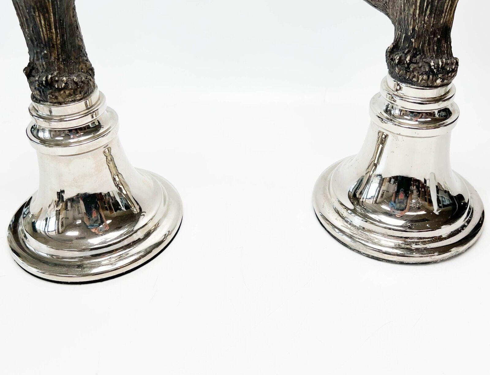  Pair Mid Century Simulated Horn & Silver Plate Candelabras In Fair Condition For Sale In Gardena, CA