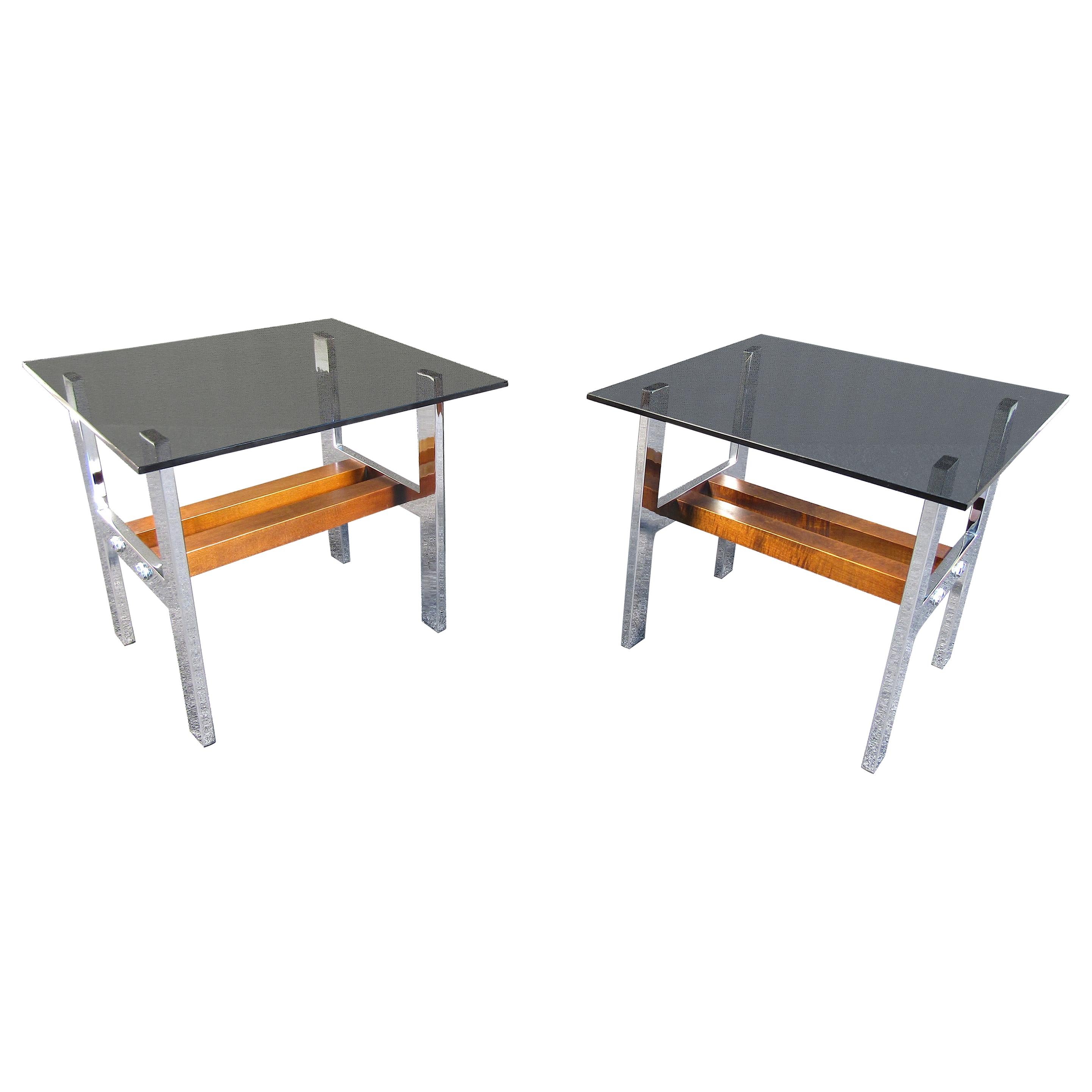 Pair of MidCentury Modern Chrome Side Tables with Smoked Glass at