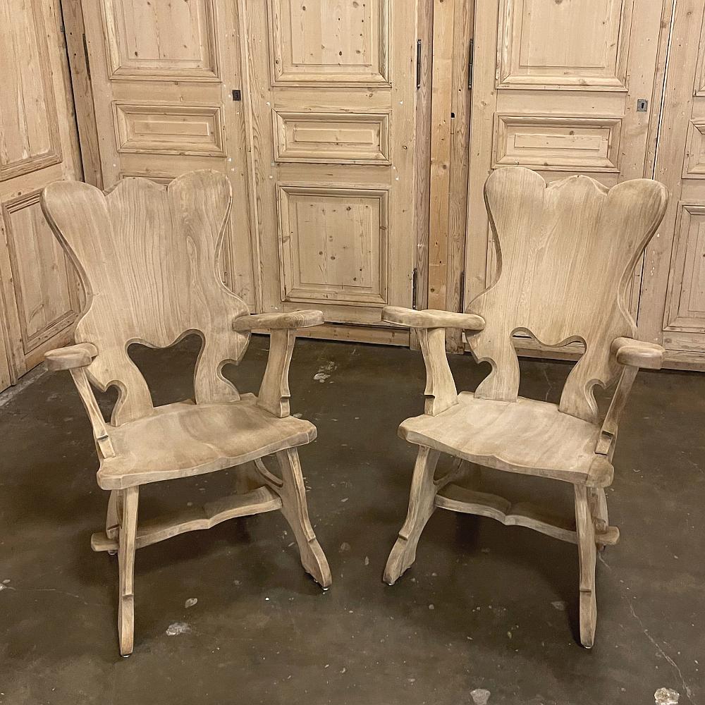 Belgian Pair Mid-Century Solid Wood Sculpted Armchairs For Sale
