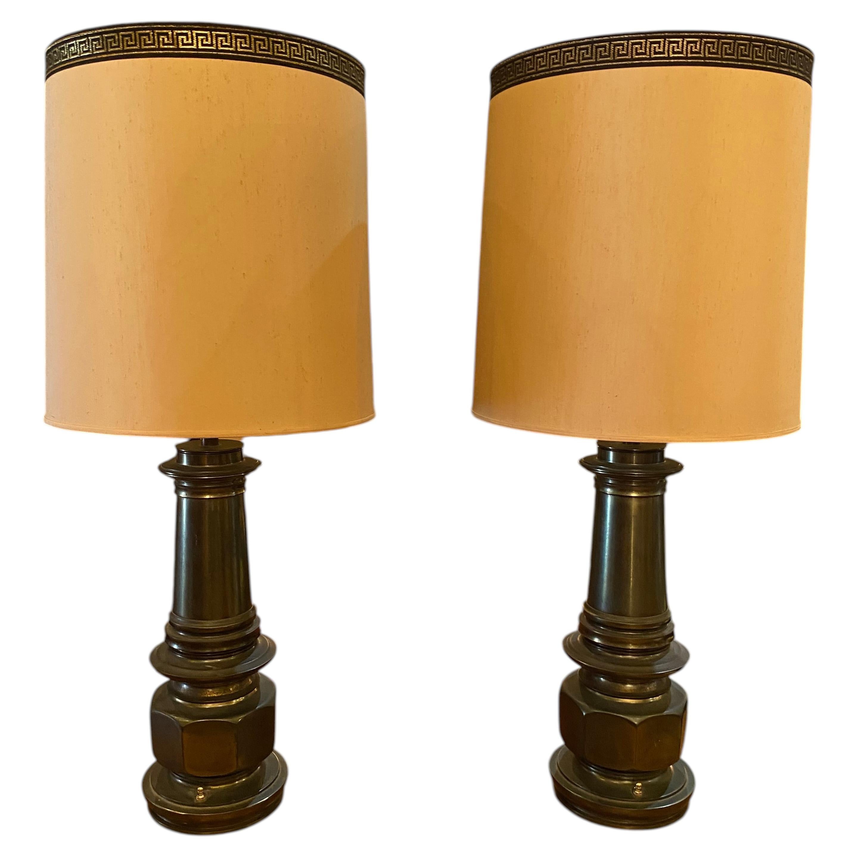 Pair Mid-Century Stiffel Solid Brass Brutalist Table Lamps with Original Shades For Sale