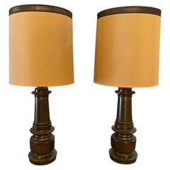 Pair Mid-Century Stiffel Solid Brass Brutalist Table Lamps with Original Shades