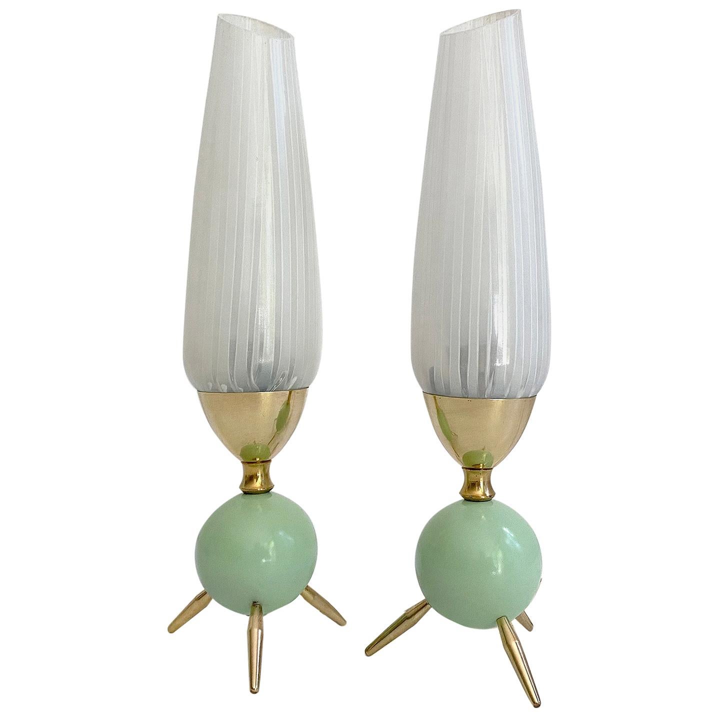  Pair of UNIQUE Tripod Table Lamps Lights, Stilnovo Style, Brass Glass, 1950s  For Sale