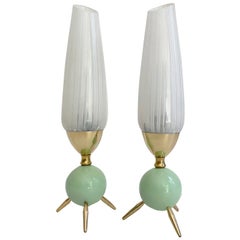  Pair of UNIQUE Tripod Table Lamps Lights, Stilnovo Style, Brass Glass, 1950s 