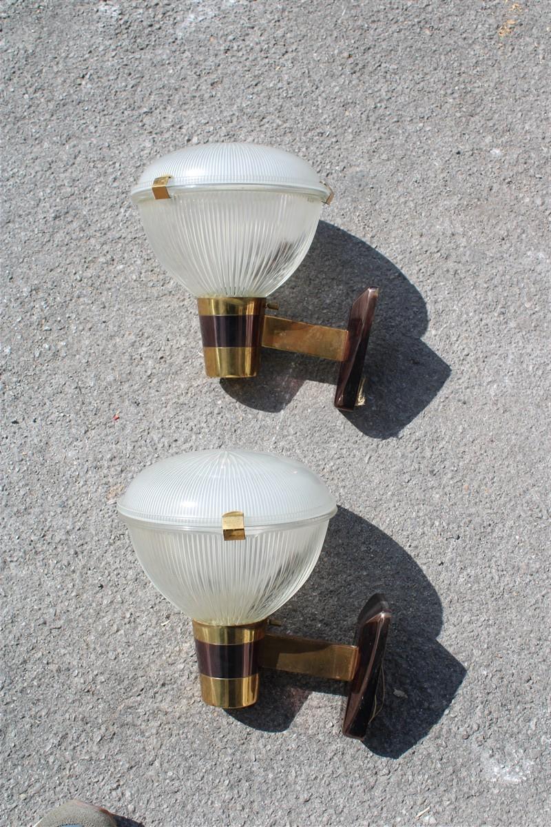 Mid-20th Century Midcentury Stilnovo Wall Sconces Brass Gold and Glass Italian Design 1950, Pair