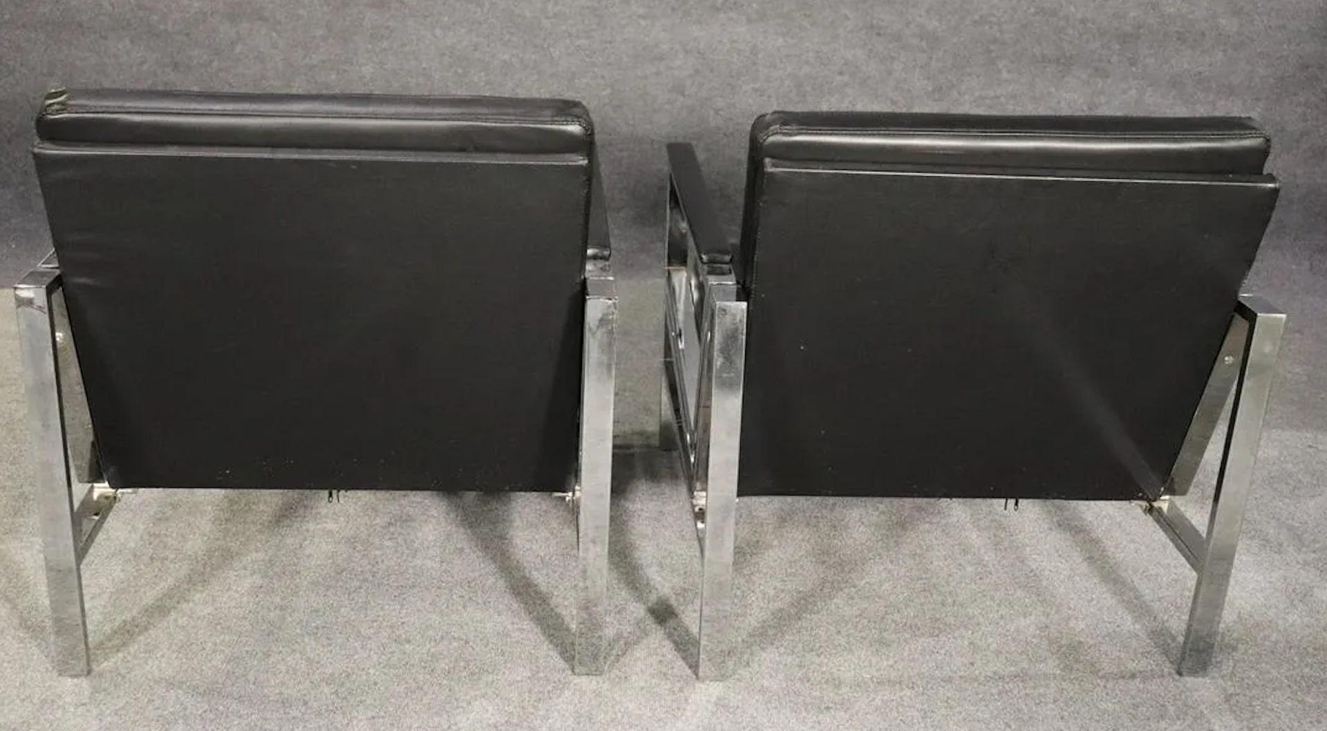 Leather Pair Mid-Century Style Chrome Chairs For Sale