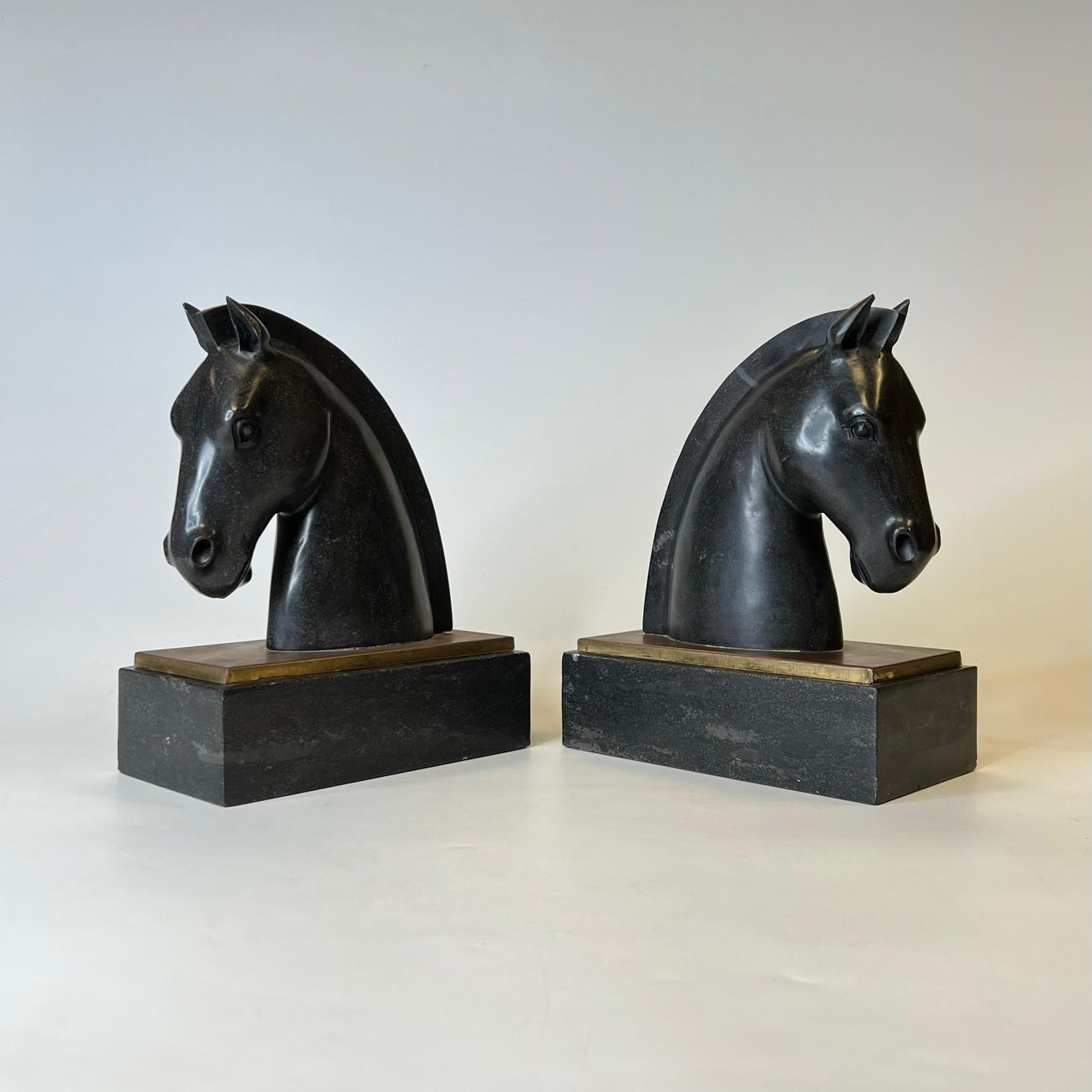 Patinated Pair mid Century Stylized Horse Head Bronze and Stone Sculptures or Bookends For Sale