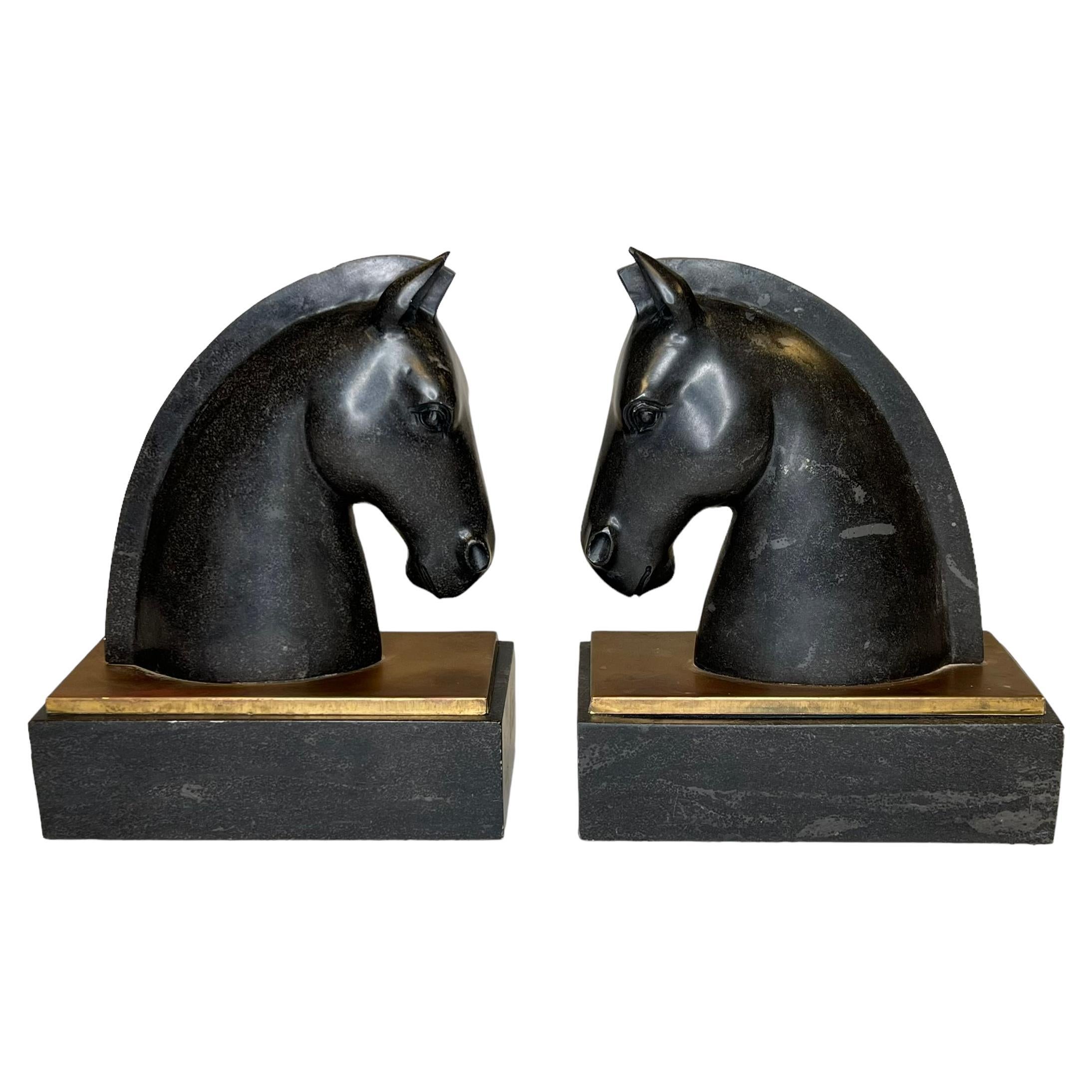 Pair mid Century Stylized Horse Head Bronze and Stone Sculptures or Bookends For Sale