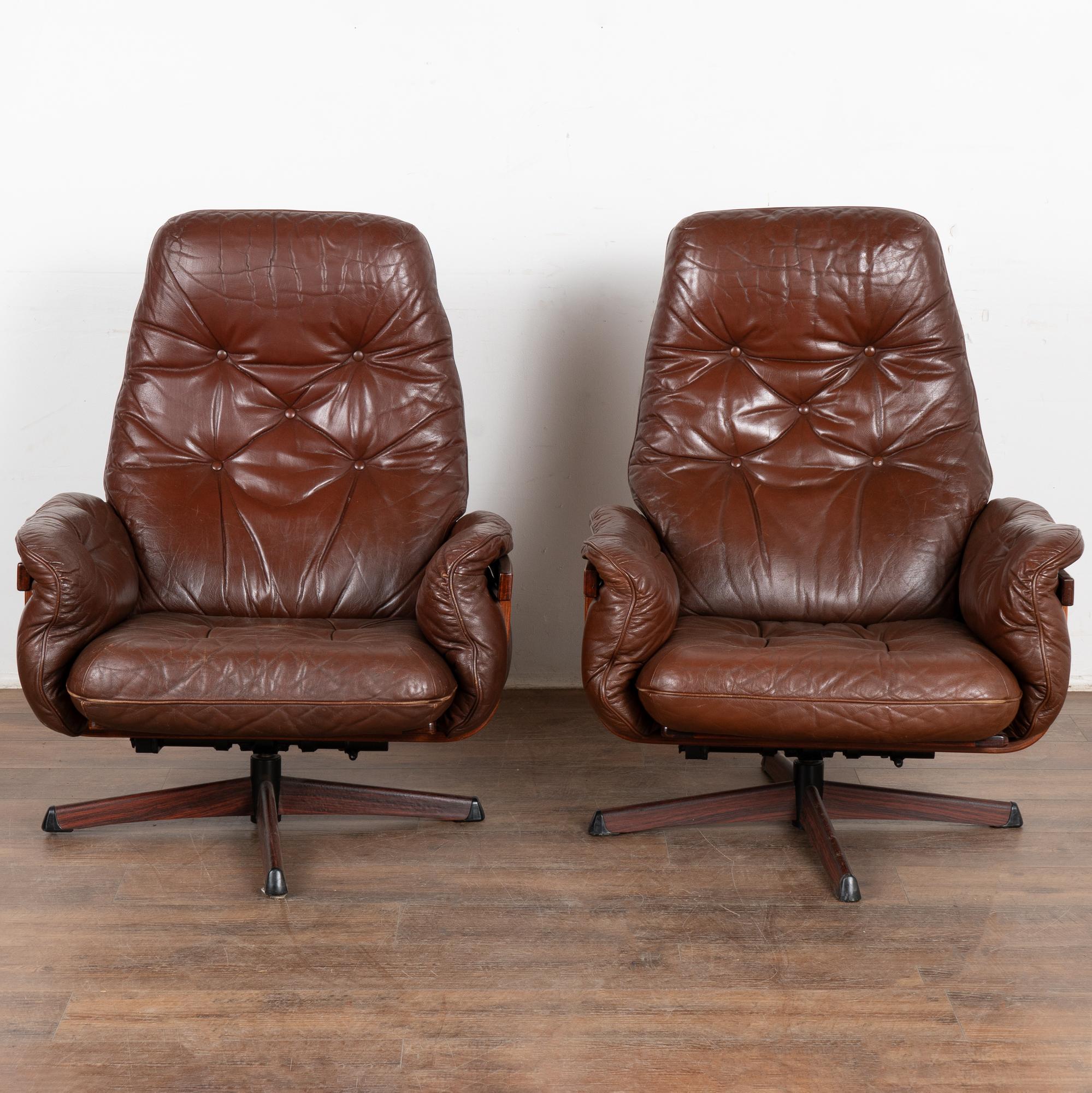 Mid-Century Modern Pair, Mid Century Swivel Brown Leather Lounge Chairs, Denmark circa 1970