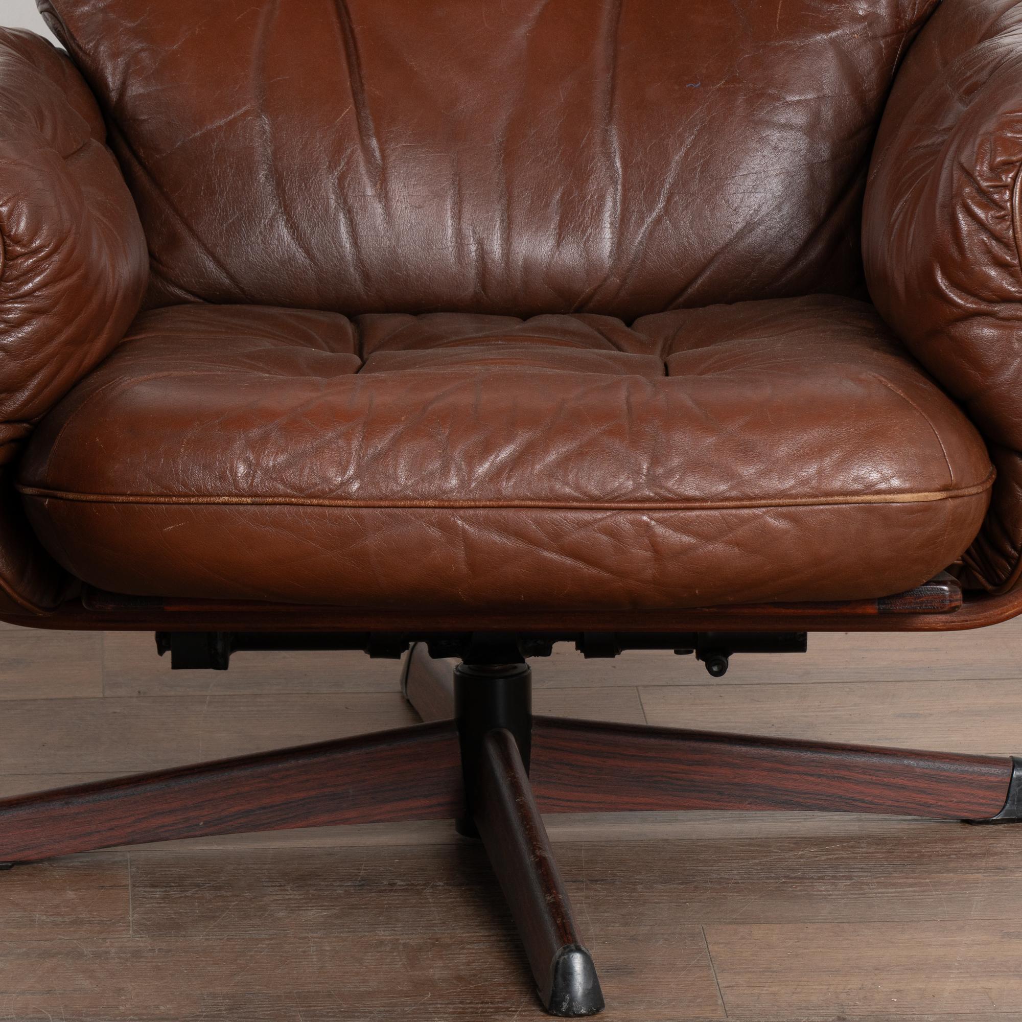 20th Century Pair, Mid Century Swivel Brown Leather Lounge Chairs, Denmark circa 1970