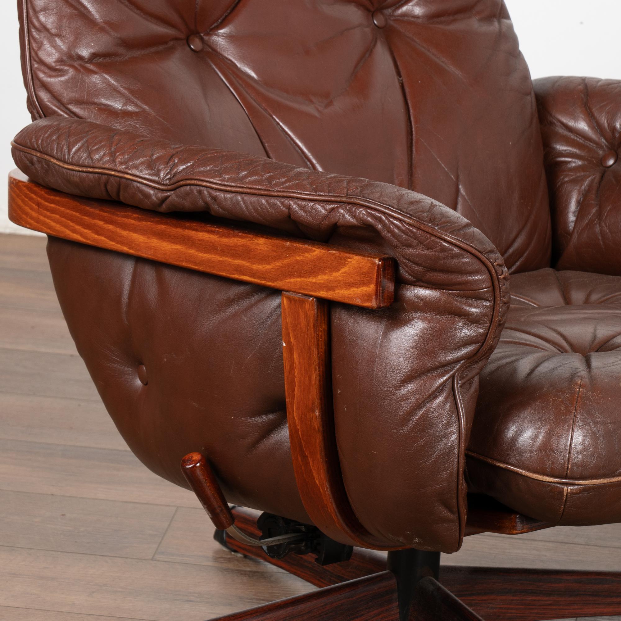 Pair, Mid Century Swivel Brown Leather Lounge Chairs, Denmark circa 1970 1