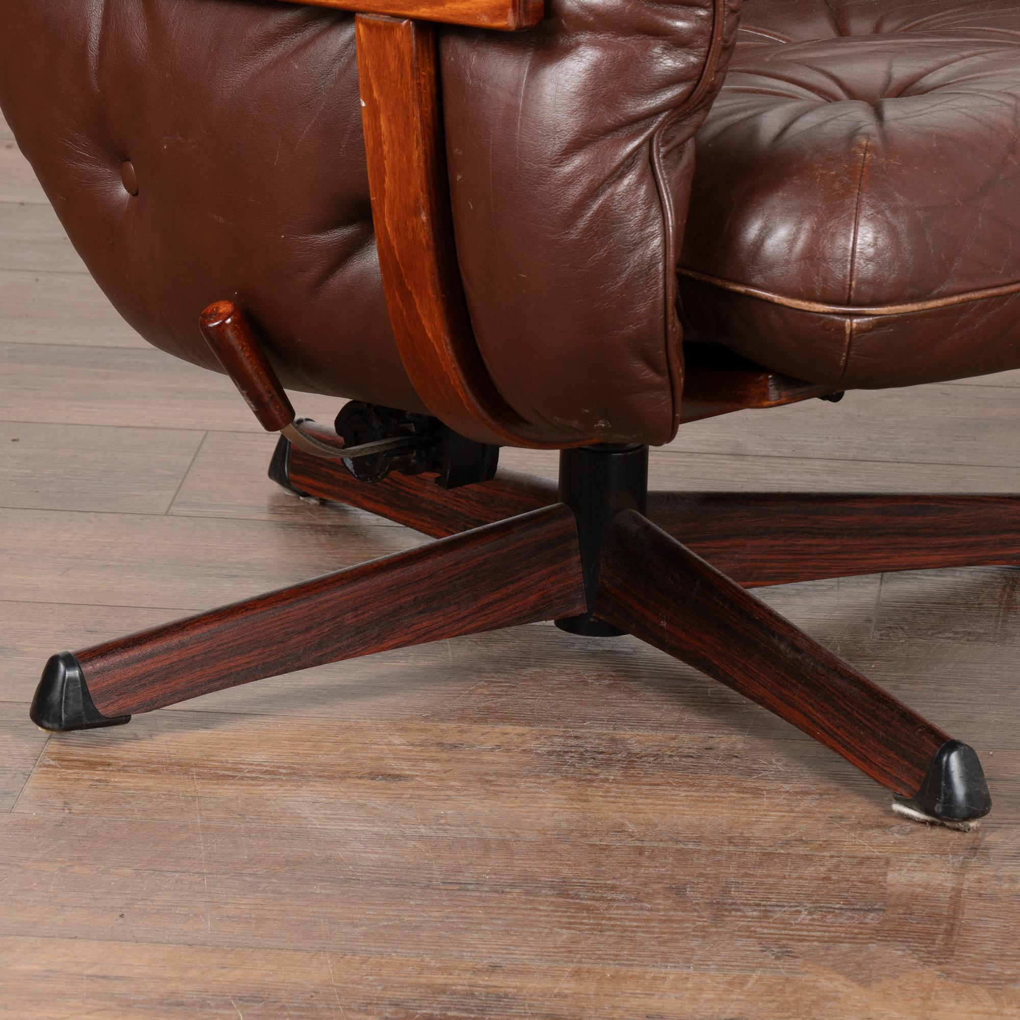 Pair, Mid Century Swivel Brown Leather Lounge Chairs, Denmark circa 1970 2