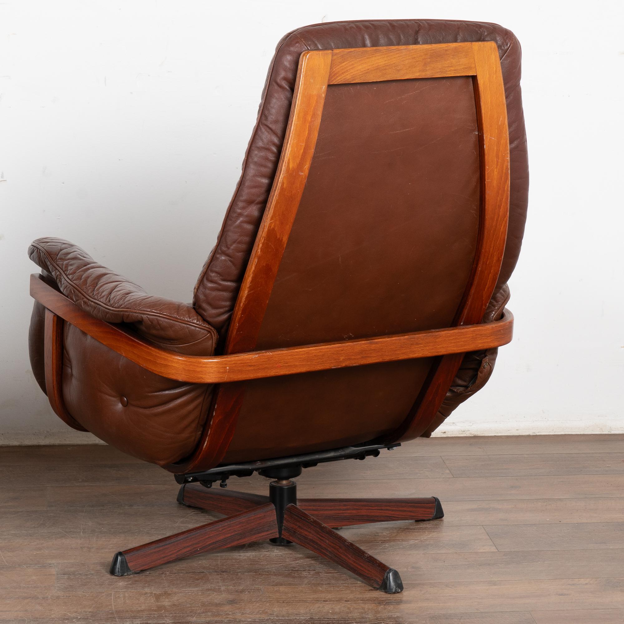 Pair, Mid Century Swivel Brown Leather Lounge Chairs, Denmark circa 1970 3