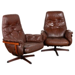 Pair, Mid Century Swivel Brown Leather Lounge Chairs, Denmark circa 1970