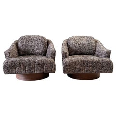Pair Mid Century Swivel Tufted Chairs w/ Wood Wrapped Plinth, Black and White