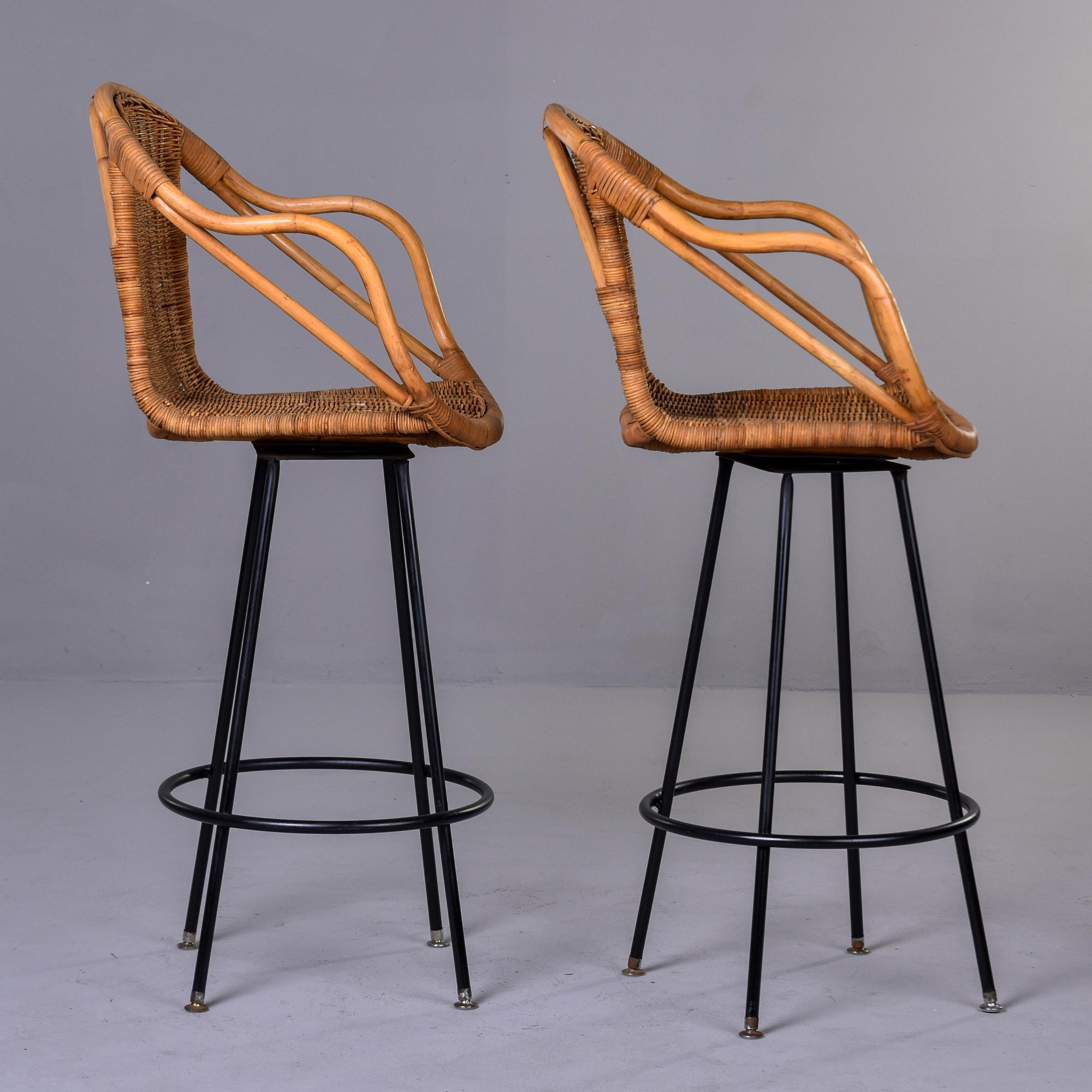 Pair Mid Century Swivel Wicker Bar Height Stools For Sale 1