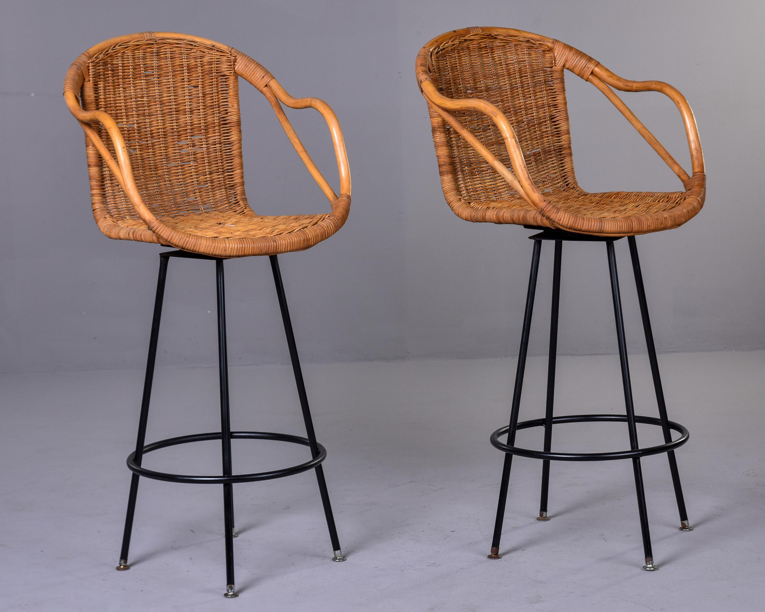 Pair Mid Century Swivel Wicker Bar Height Stools For Sale 2