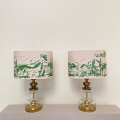 Pair Mid Century Table Lamps in Glass Brass and Oval Lamp Shades, around 1970