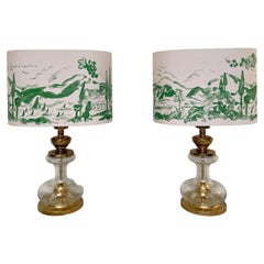 Pair Mid Century Table Lamps in Glass Brass and Oval Lamp Shades, around 1970