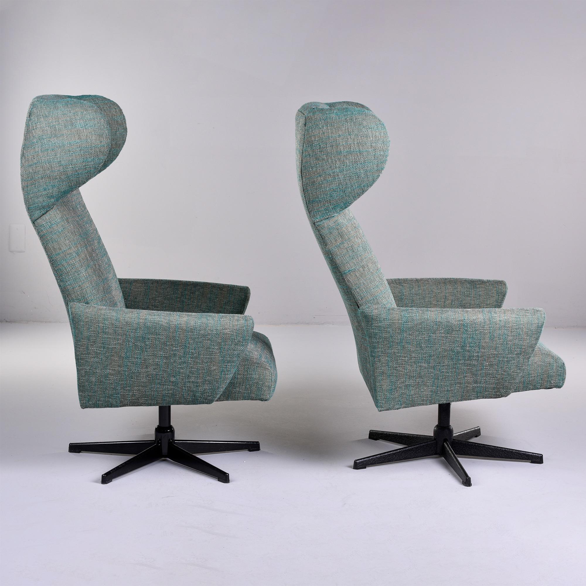 Italian Pair Mid Century Tall Sculptural Wing Back Swivel Chairs with New Upholstery For Sale