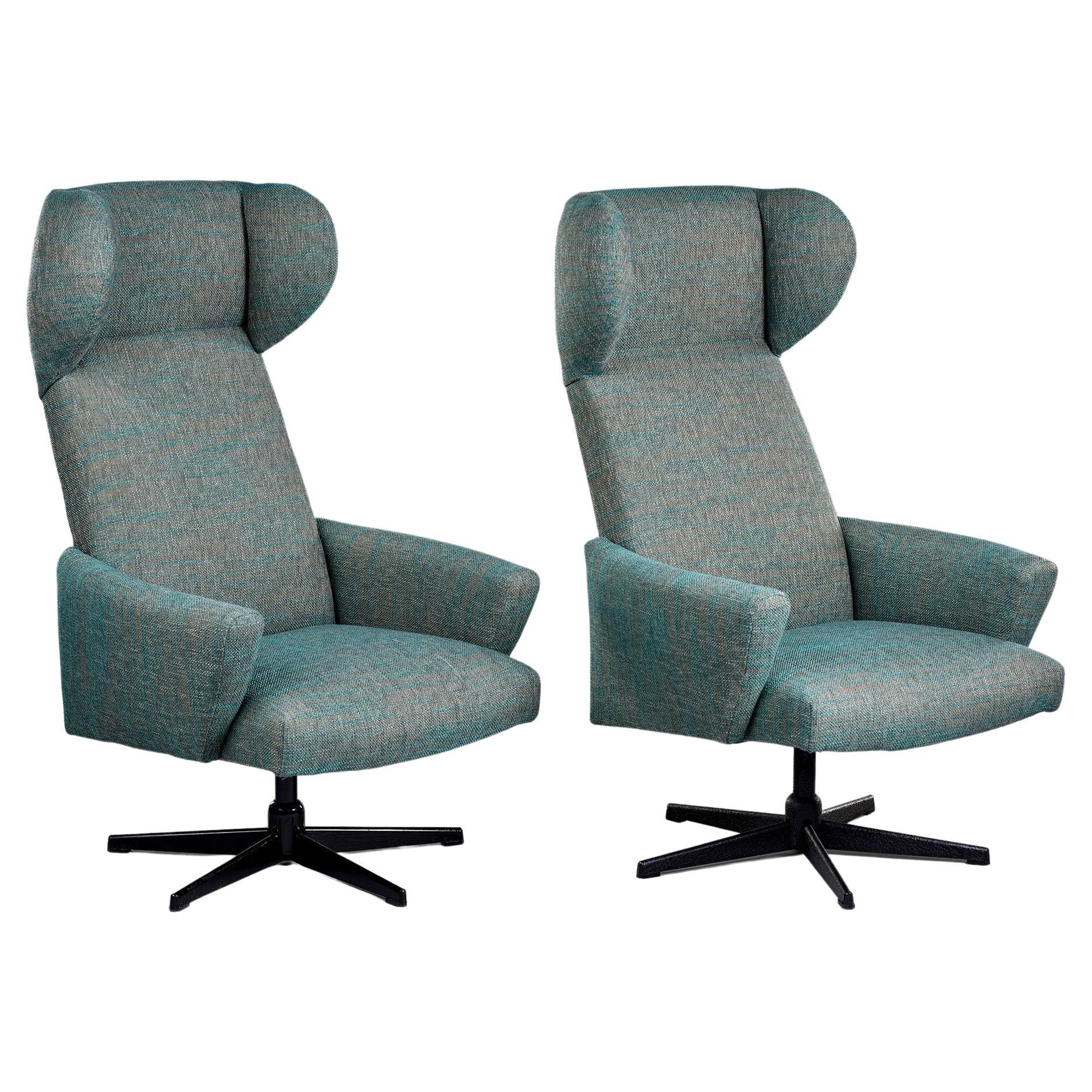 Pair Mid Century Tall Sculptural Wing Back Swivel Chairs with New Upholstery For Sale