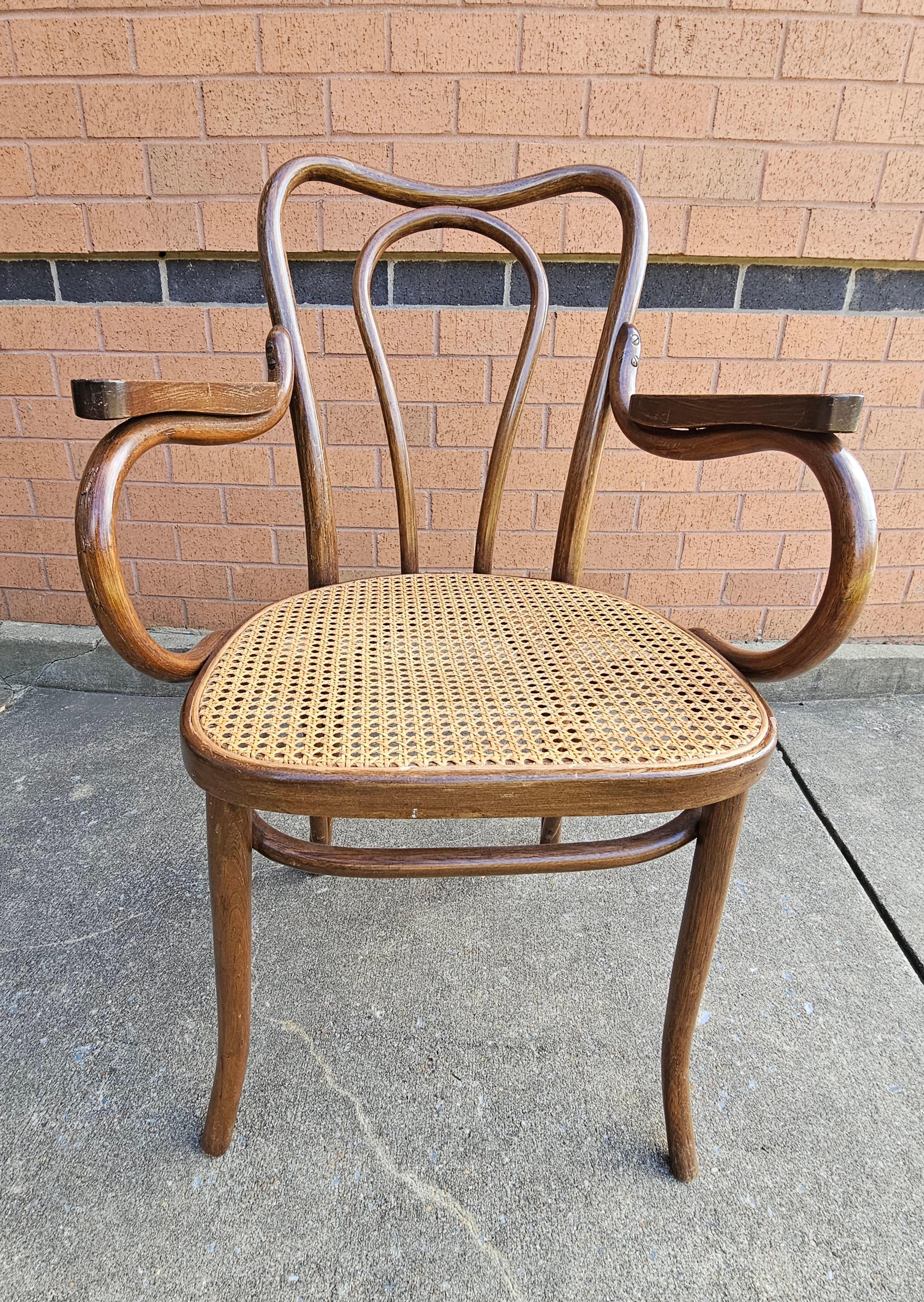 Pair Mid-Century Thonet Style Bentwood and Cane Arm Chairs For Sale 3