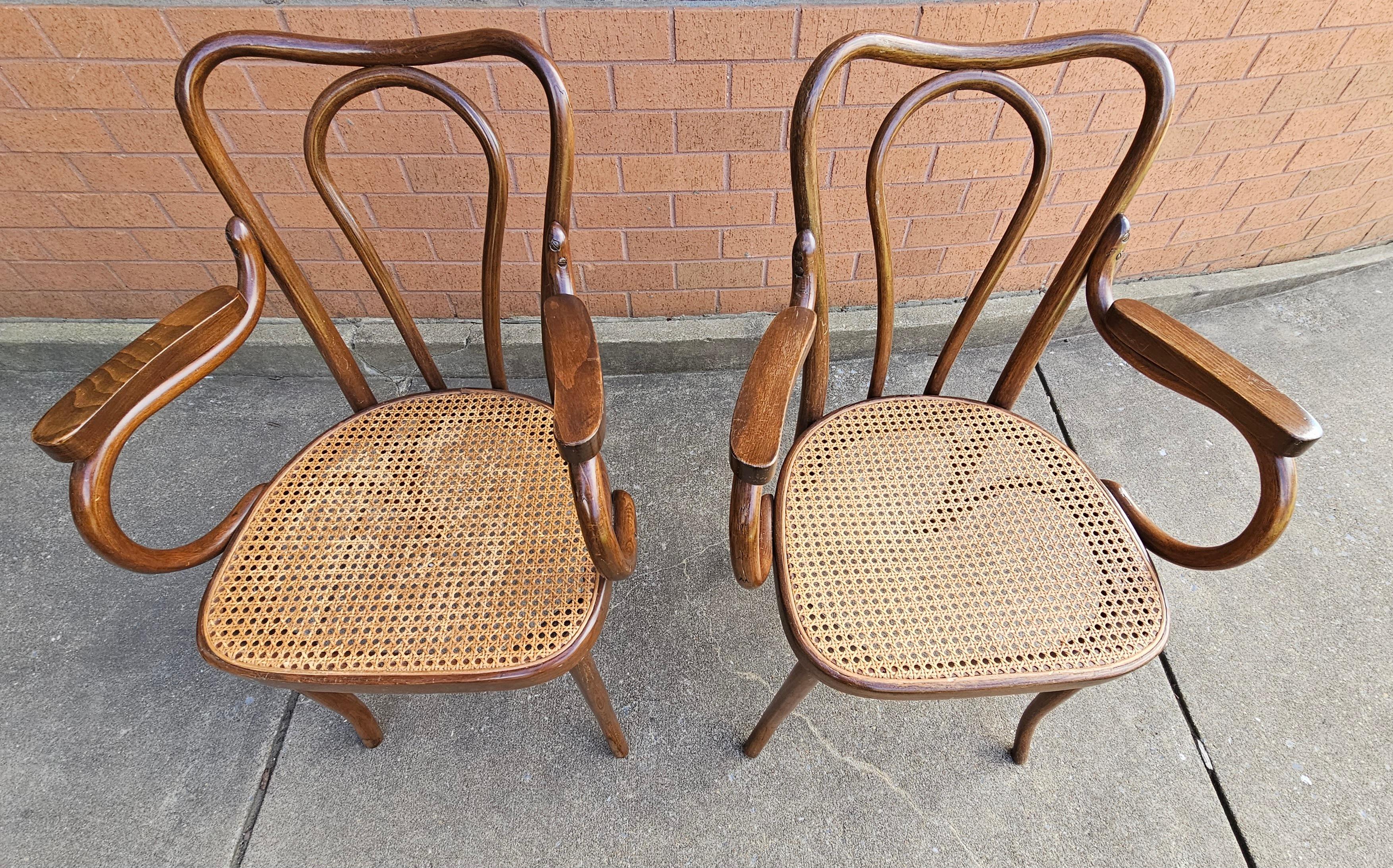 Mid-Century Modern Pair Mid-Century Thonet Style Bentwood and Cane Arm Chairs For Sale