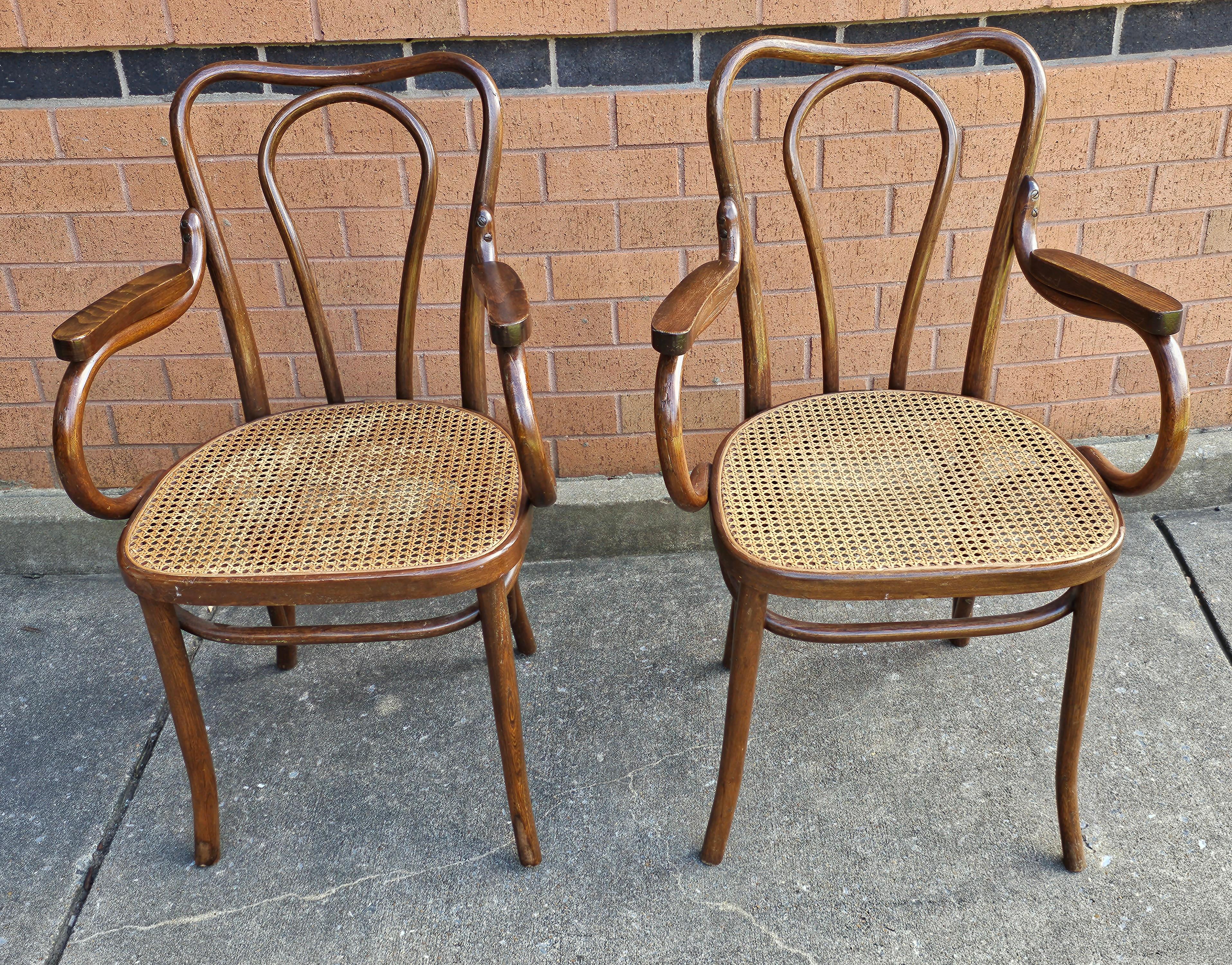 Polish Pair Mid-Century Thonet Style Bentwood and Cane Arm Chairs For Sale