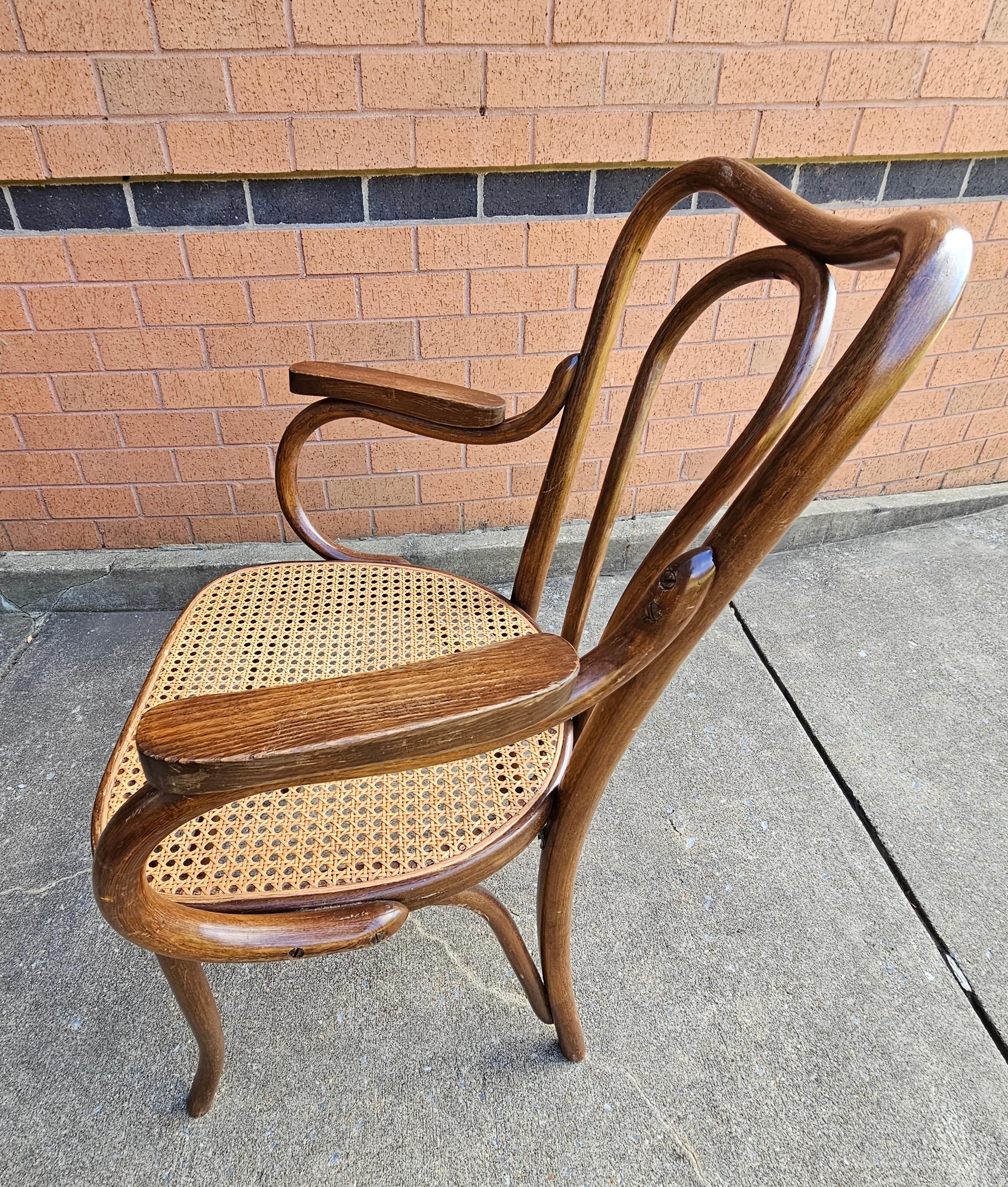 Caning Pair Mid-Century Thonet Style Bentwood and Cane Arm Chairs For Sale