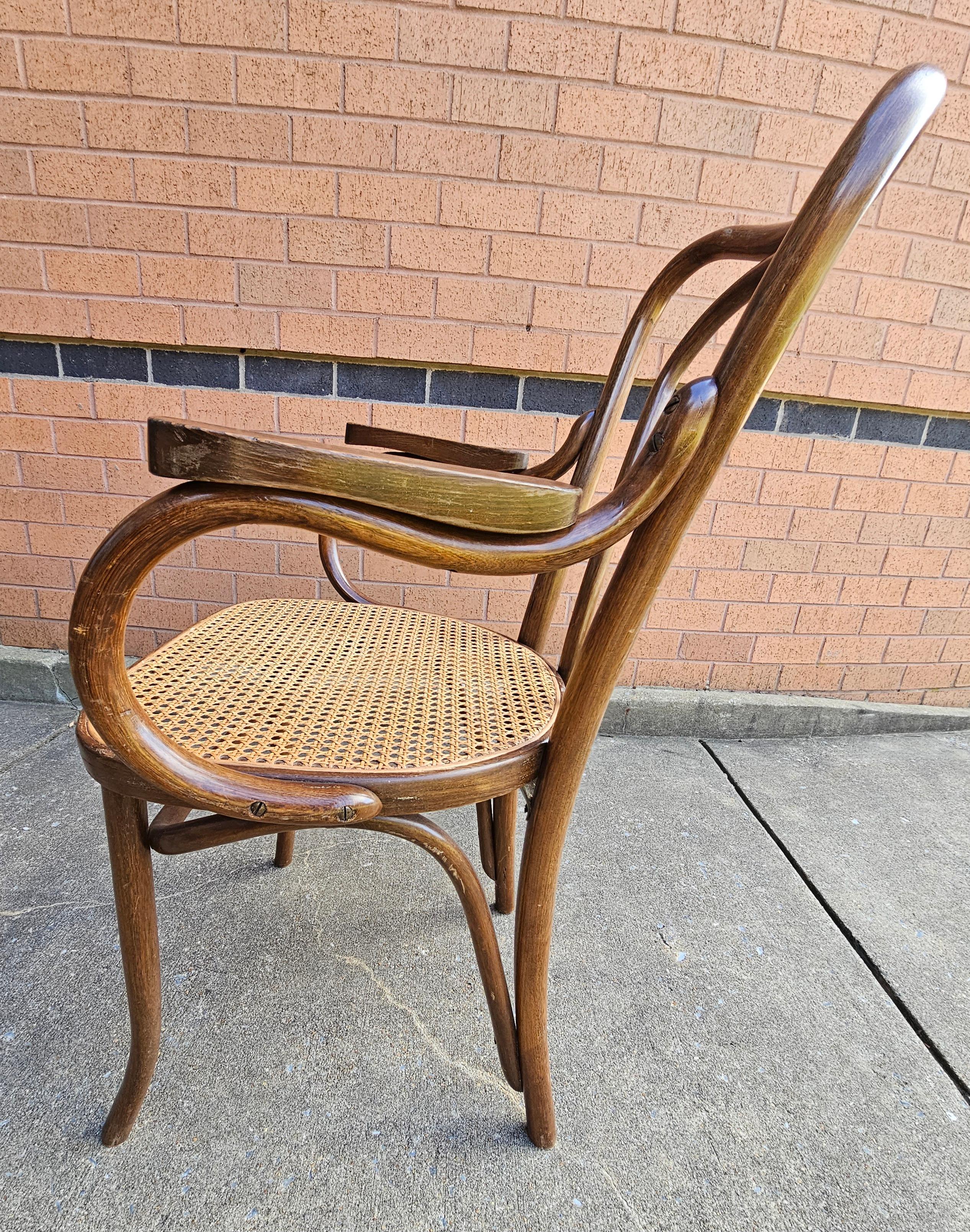 Pair Mid-Century Thonet Style Bentwood and Cane Arm Chairs In Good Condition For Sale In Germantown, MD