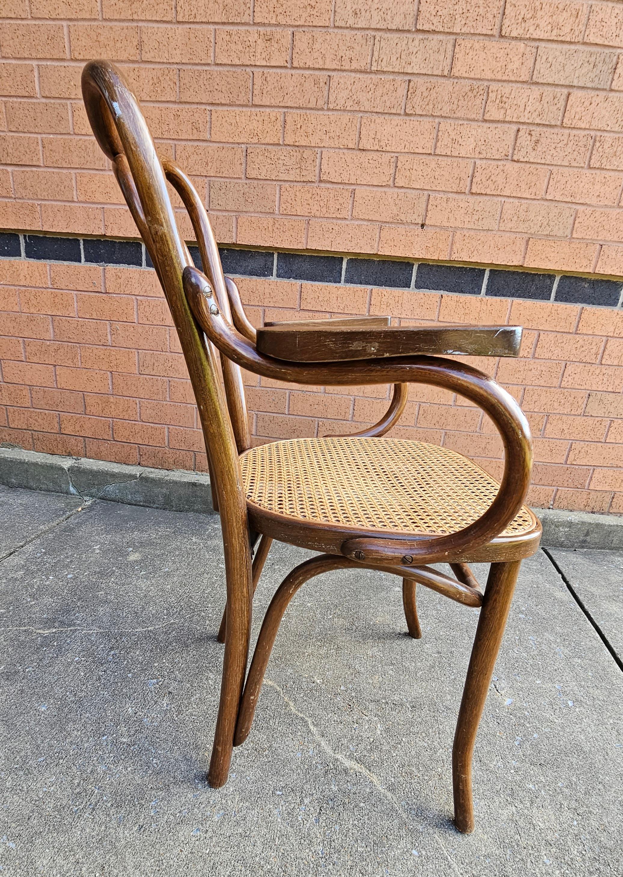 Pair Mid-Century Thonet Style Bentwood and Cane Arm Chairs For Sale 1