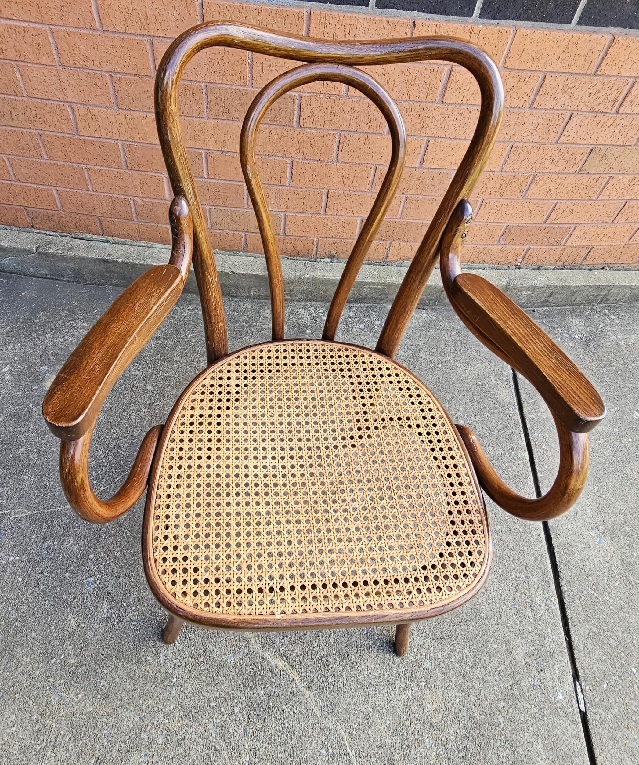 Pair Mid-Century Thonet Style Bentwood and Cane Arm Chairs For Sale 2