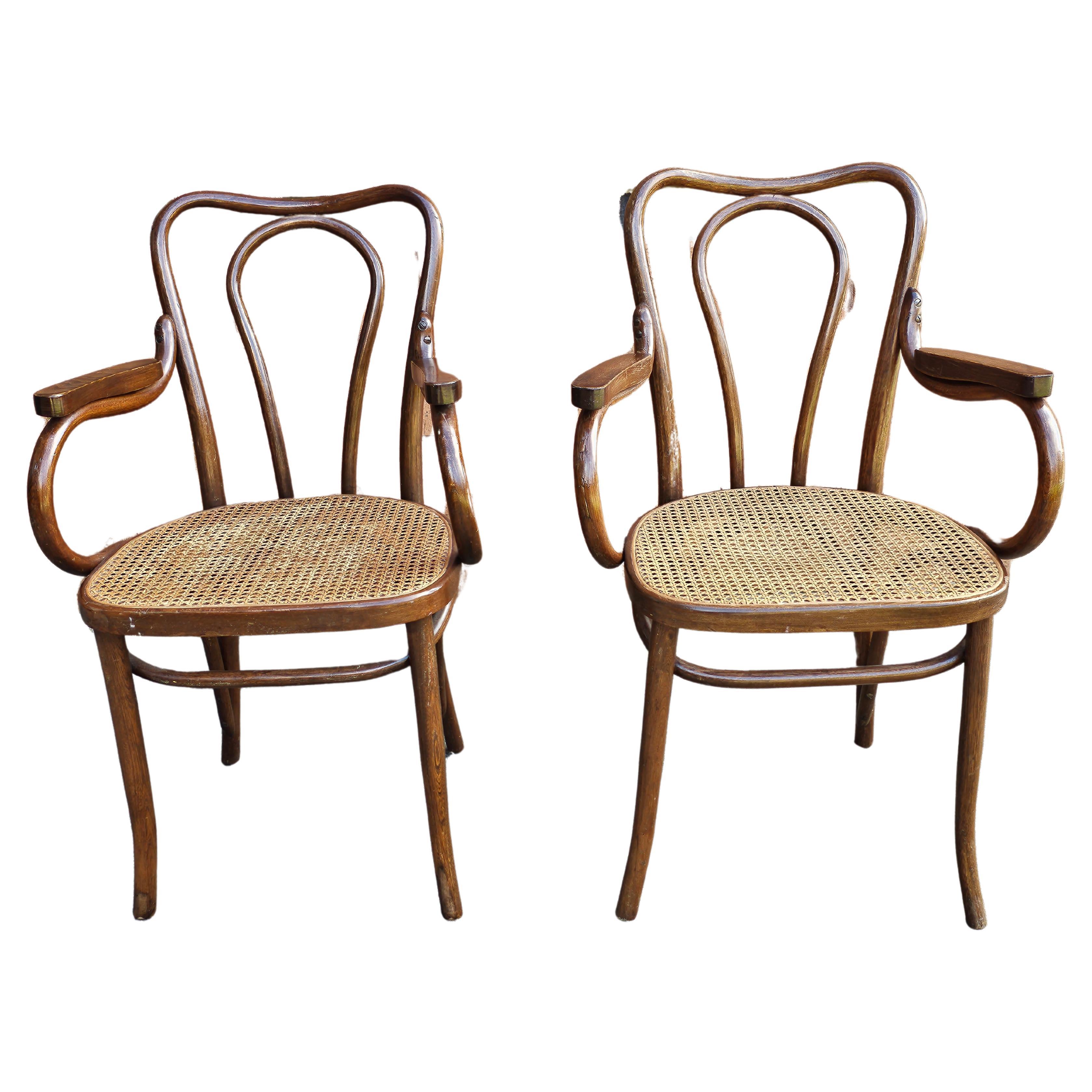 Pair Mid-Century Thonet Style Bentwood and Cane Arm Chairs For Sale