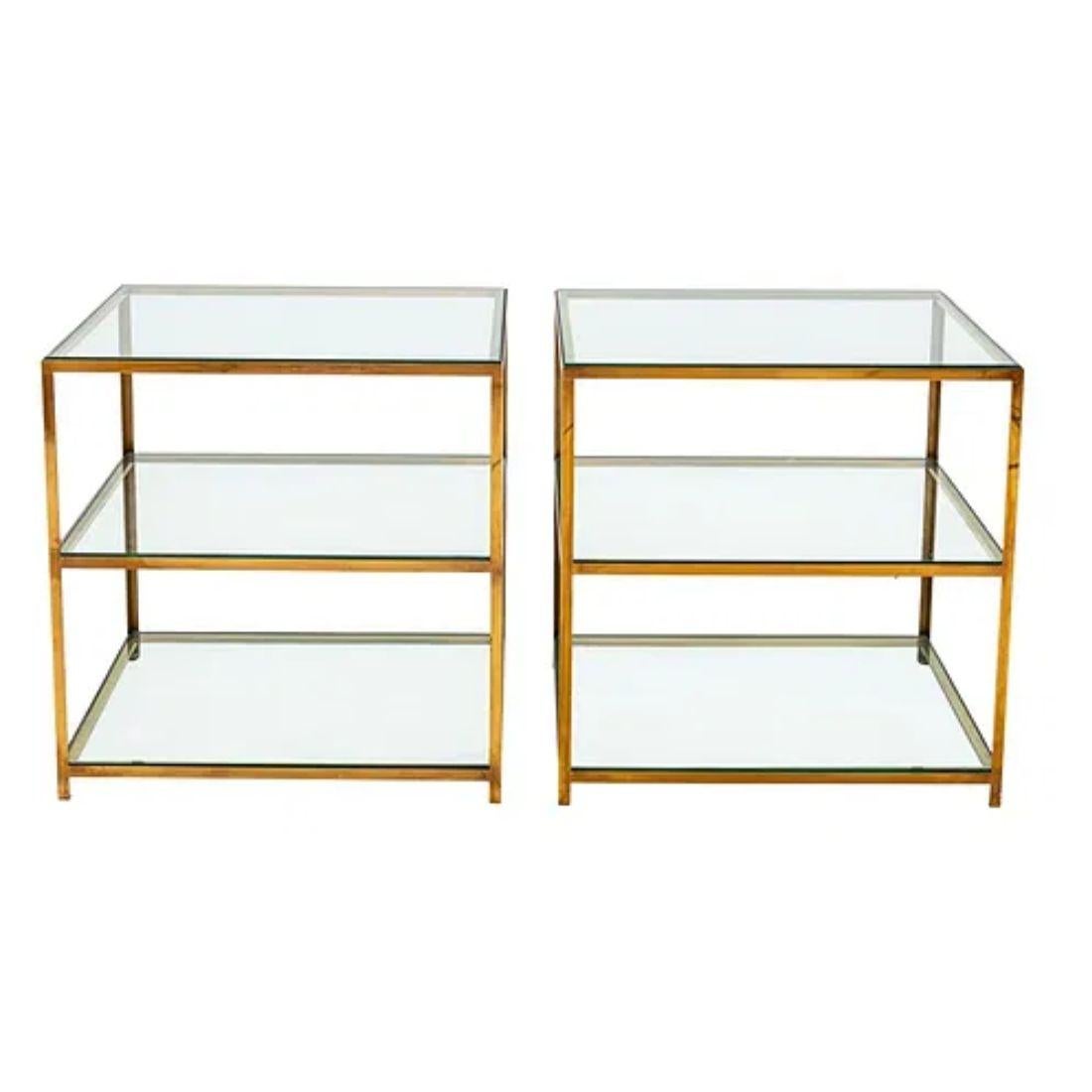 Pair Mid Century Three Tier Brass and Glass Side Tables For Sale 1