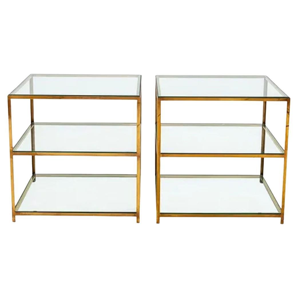 Pair Mid Century Three Tier Brass and Glass Side Tables For Sale