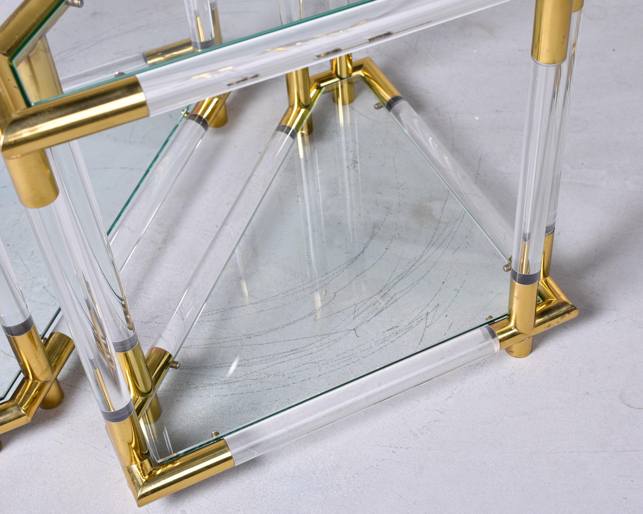 Pair Mid-Century Triangular Brass Lucite and Glass Side Tables For Sale 4