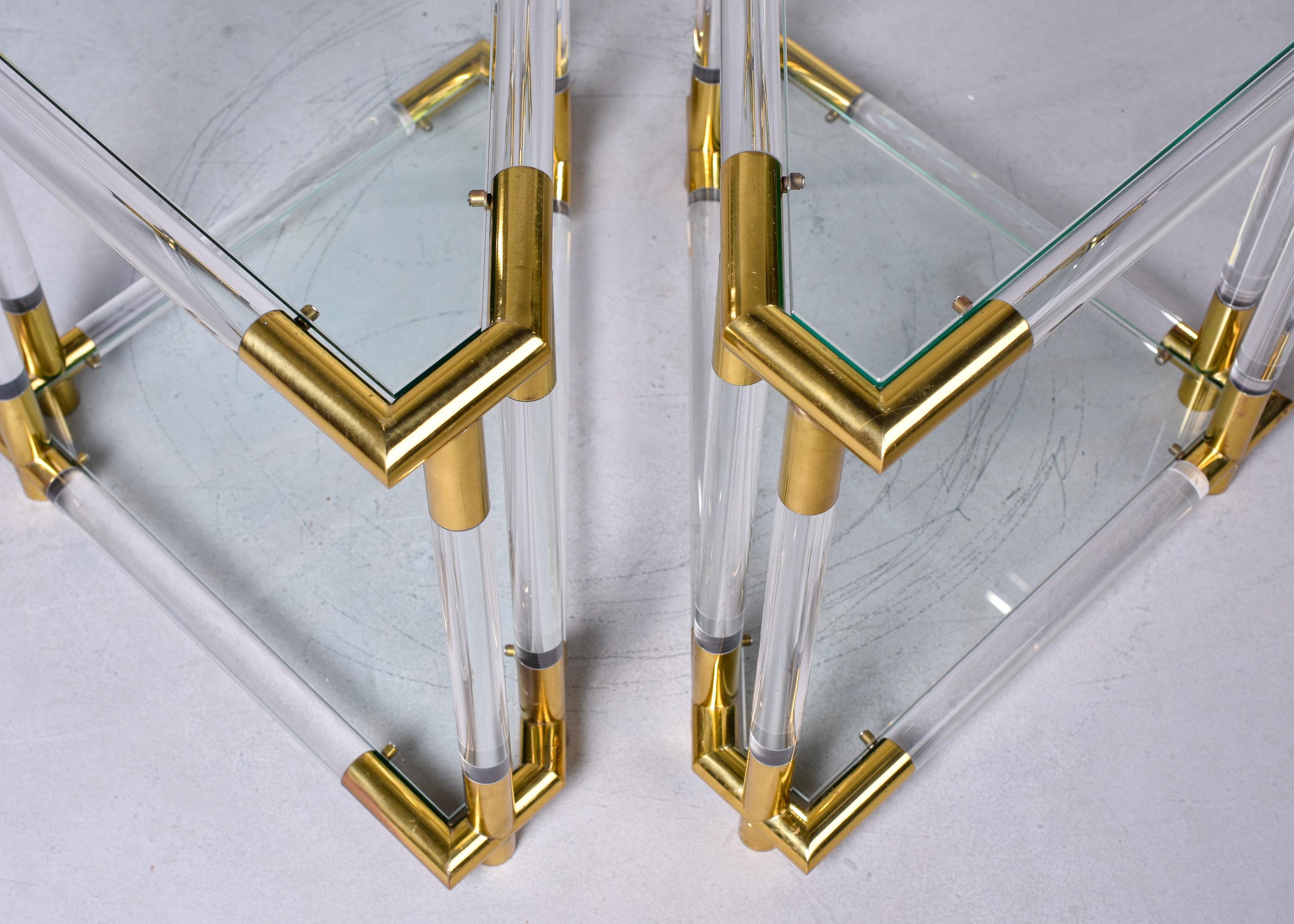 Pair Mid-Century Triangular Brass Lucite and Glass Side Tables For Sale 5