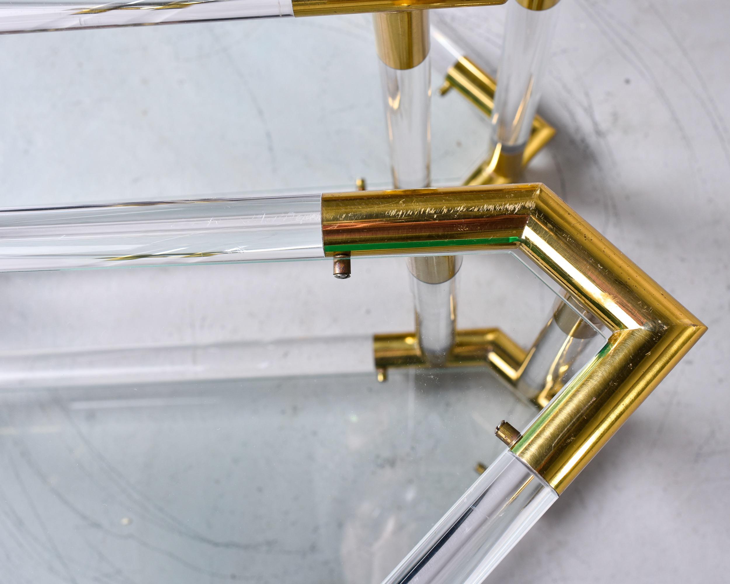 Pair Mid-Century Triangular Brass Lucite and Glass Side Tables For Sale 6